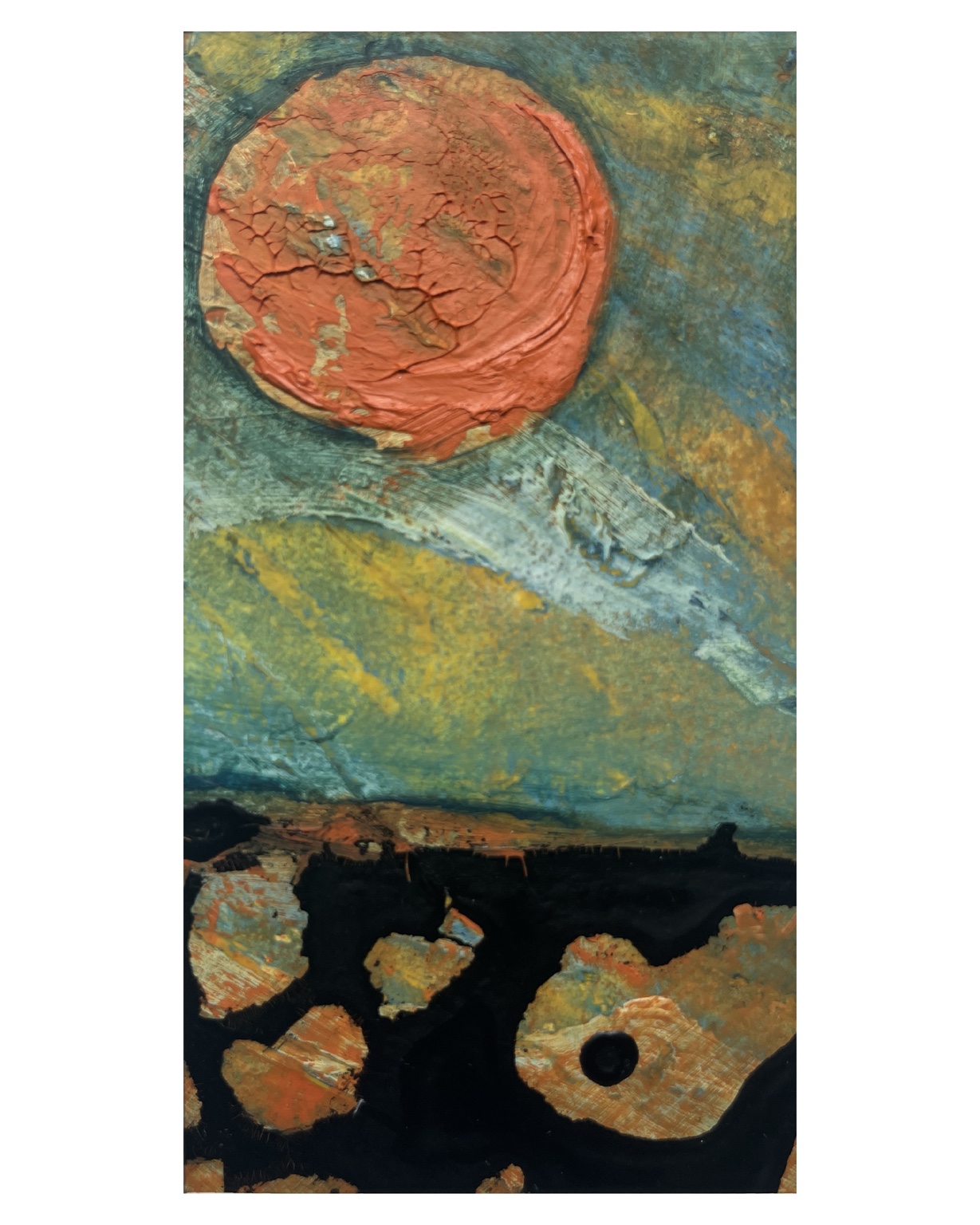 Between Worlds: Raised orange circle above a scraped blue-green sweep and dark shapes along the lower edge.