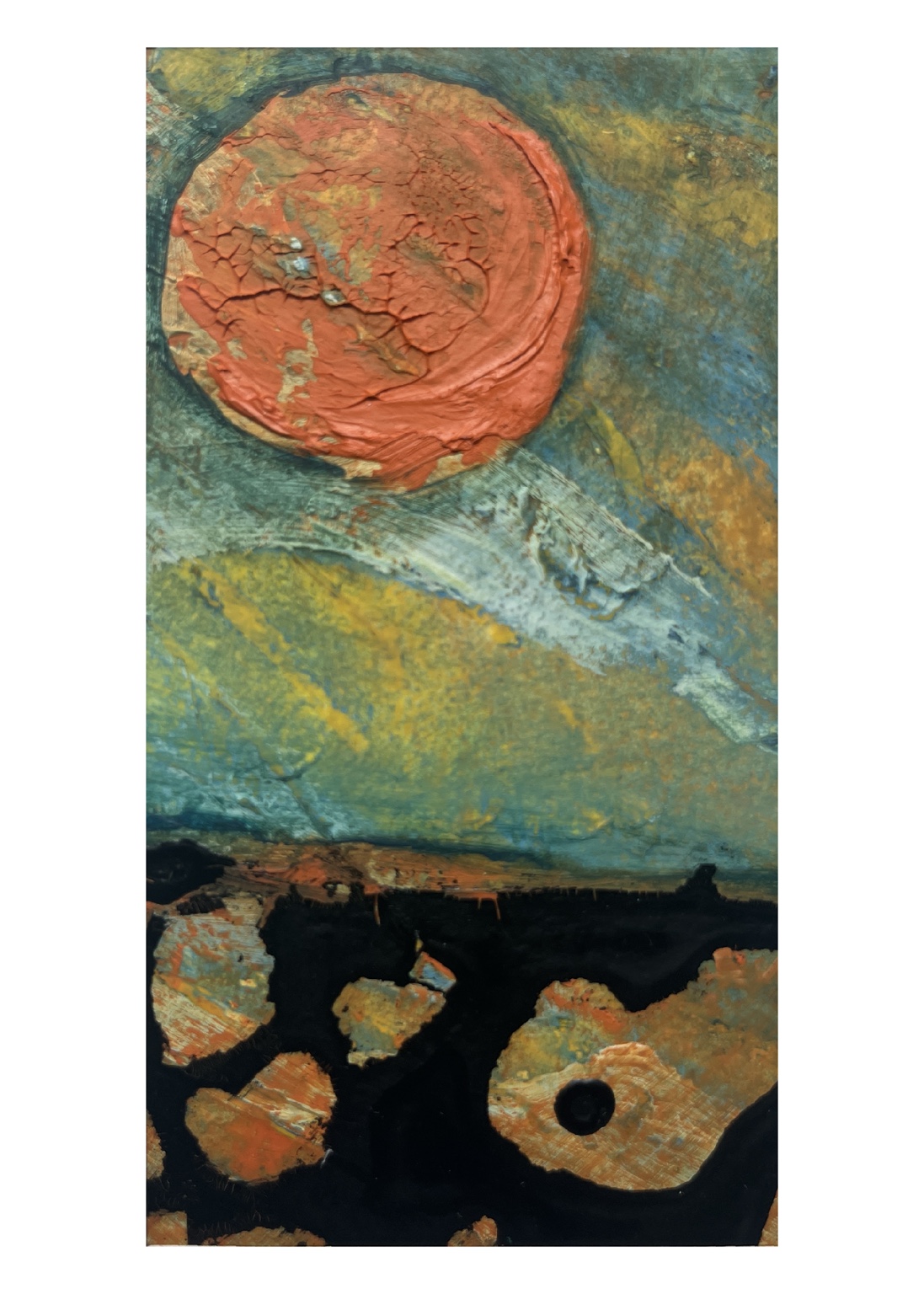 Between Worlds: Raised orange circle above a scraped blue-green sweep and dark shapes along the lower edge.