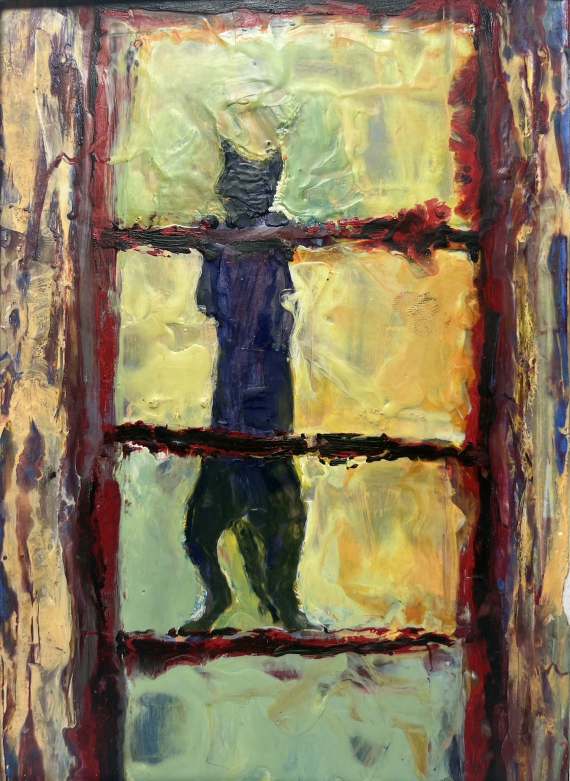 Contained: Grid of dark red and black strokes over pale yellow and mint green blocks of wax.
