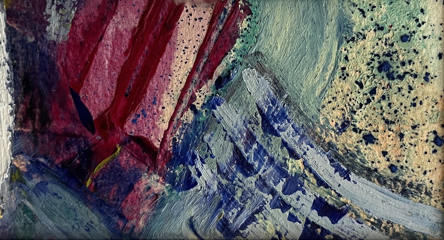 Crosscurrent: Diagonal crimson slashes meeting blue-gray strokes beside a speckled pale yellow area.