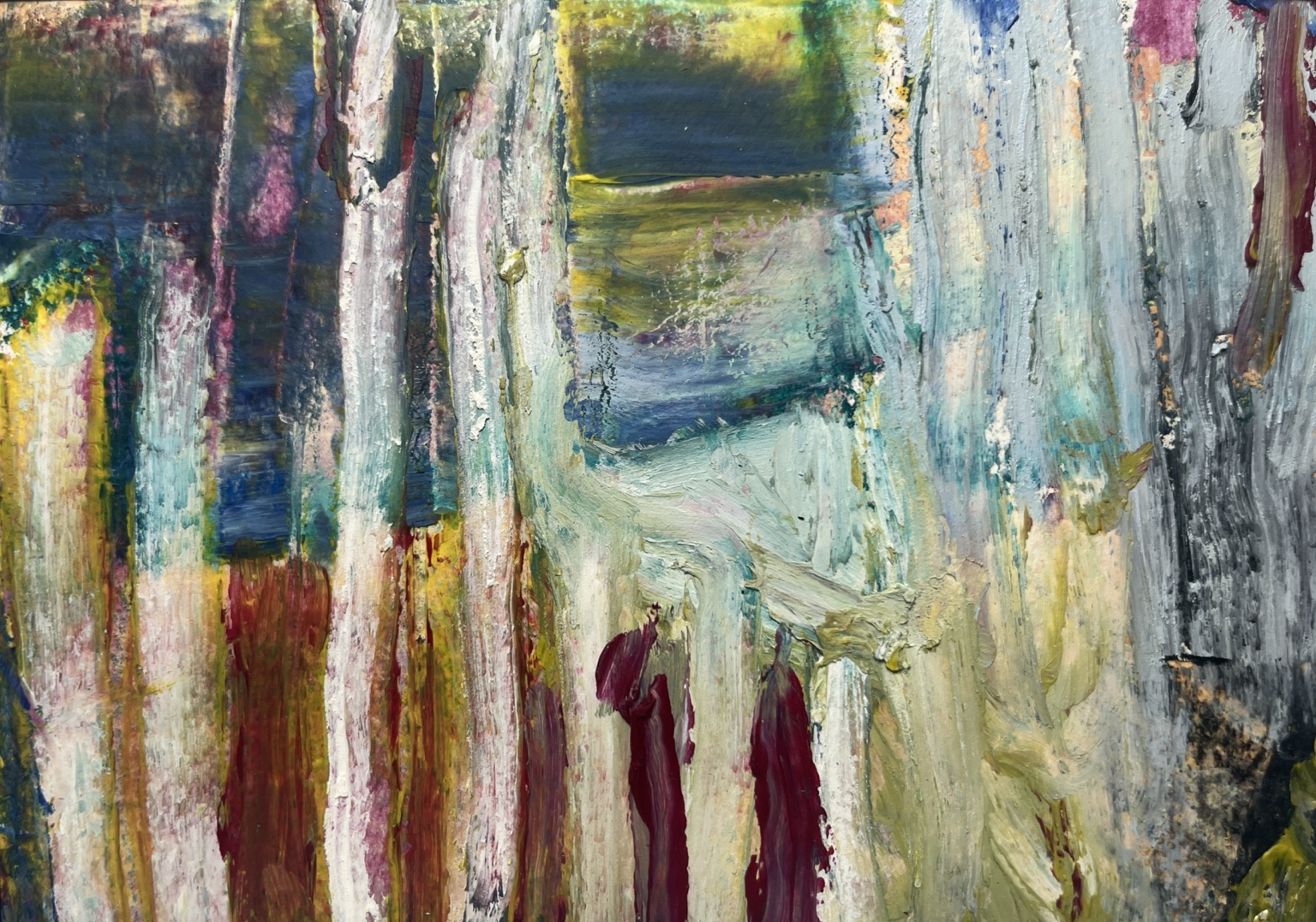 Passage: Tall pale vertical strokes over layered burgundy, blue, and yellow-green passages.