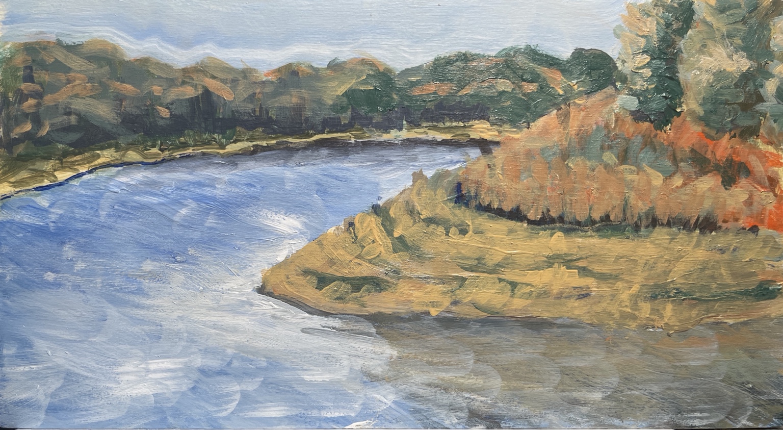 River Bend: Blue river curving around an ochre bank beneath a line of green trees.