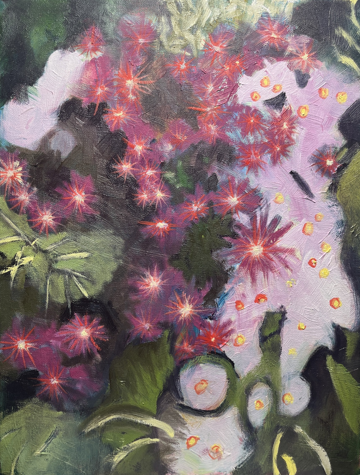 Starburst: Abstract floral forms in pink and white with radiating red strokes, yellow dots, and dark green passages.