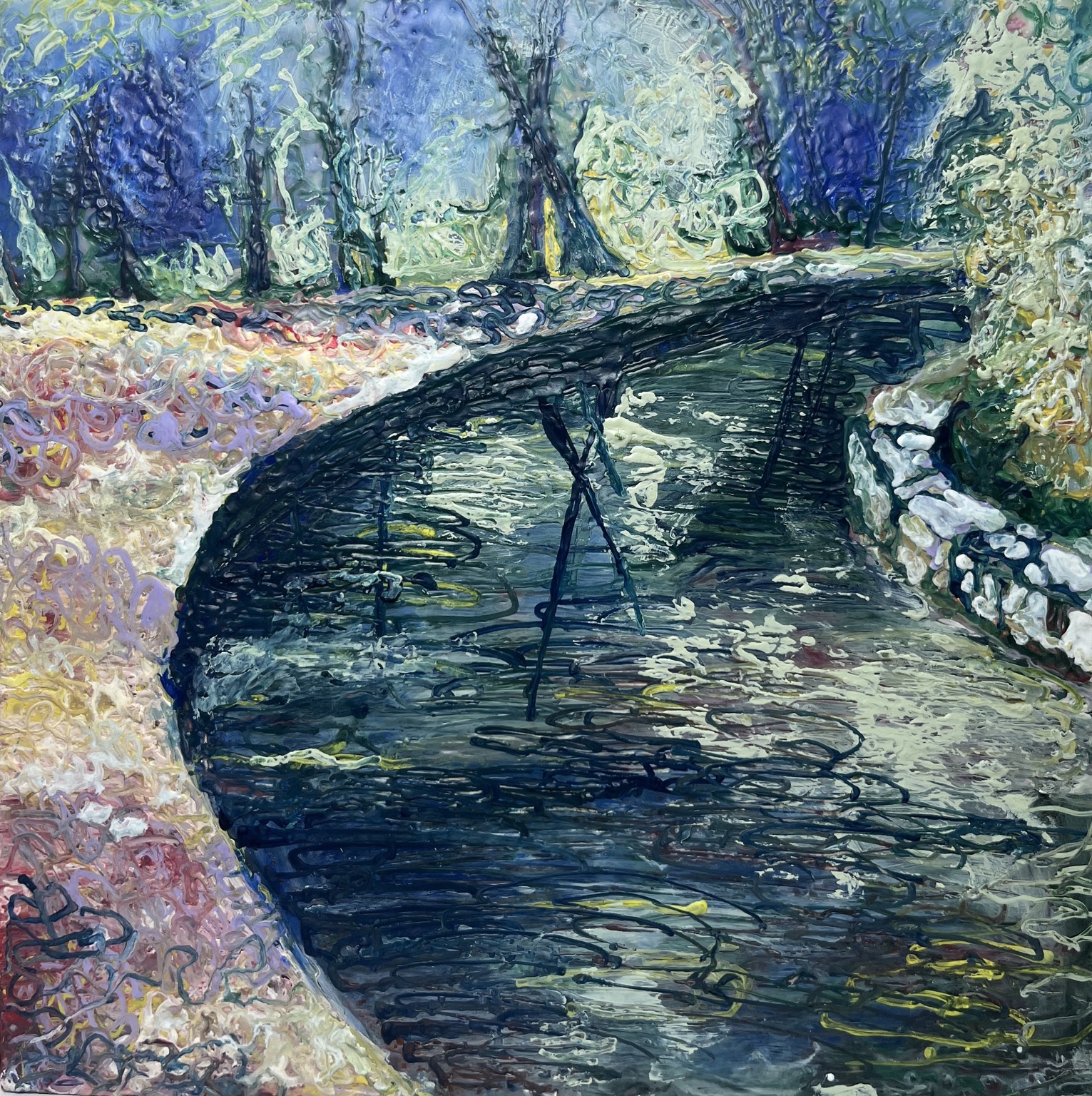 Turning Stream: Dark curving stream with pale looping wax marks and layered blue-green banks.