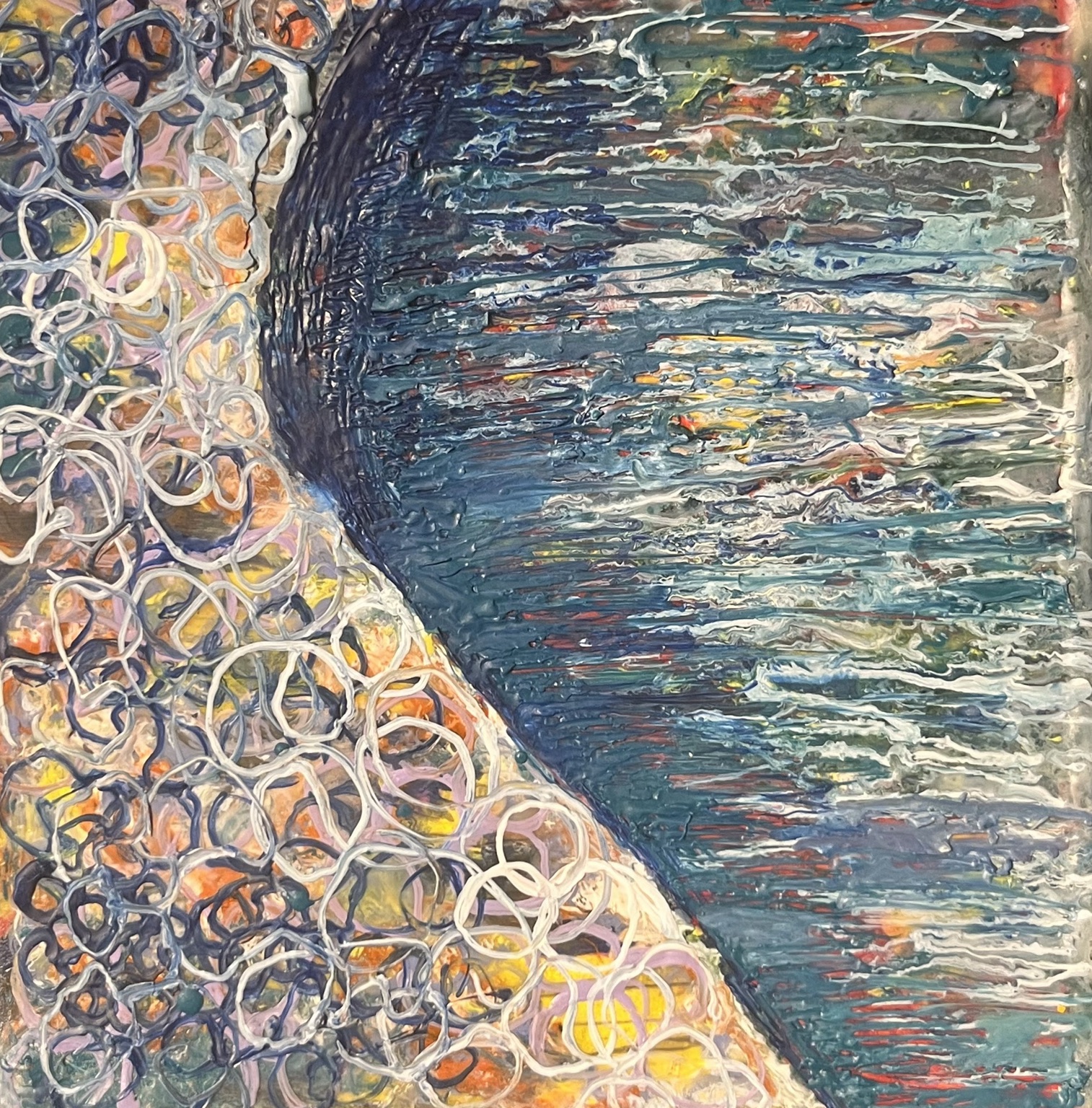Turning Water: Pale looping wax marks beside dense horizontal blue-green strokes in a curved form.